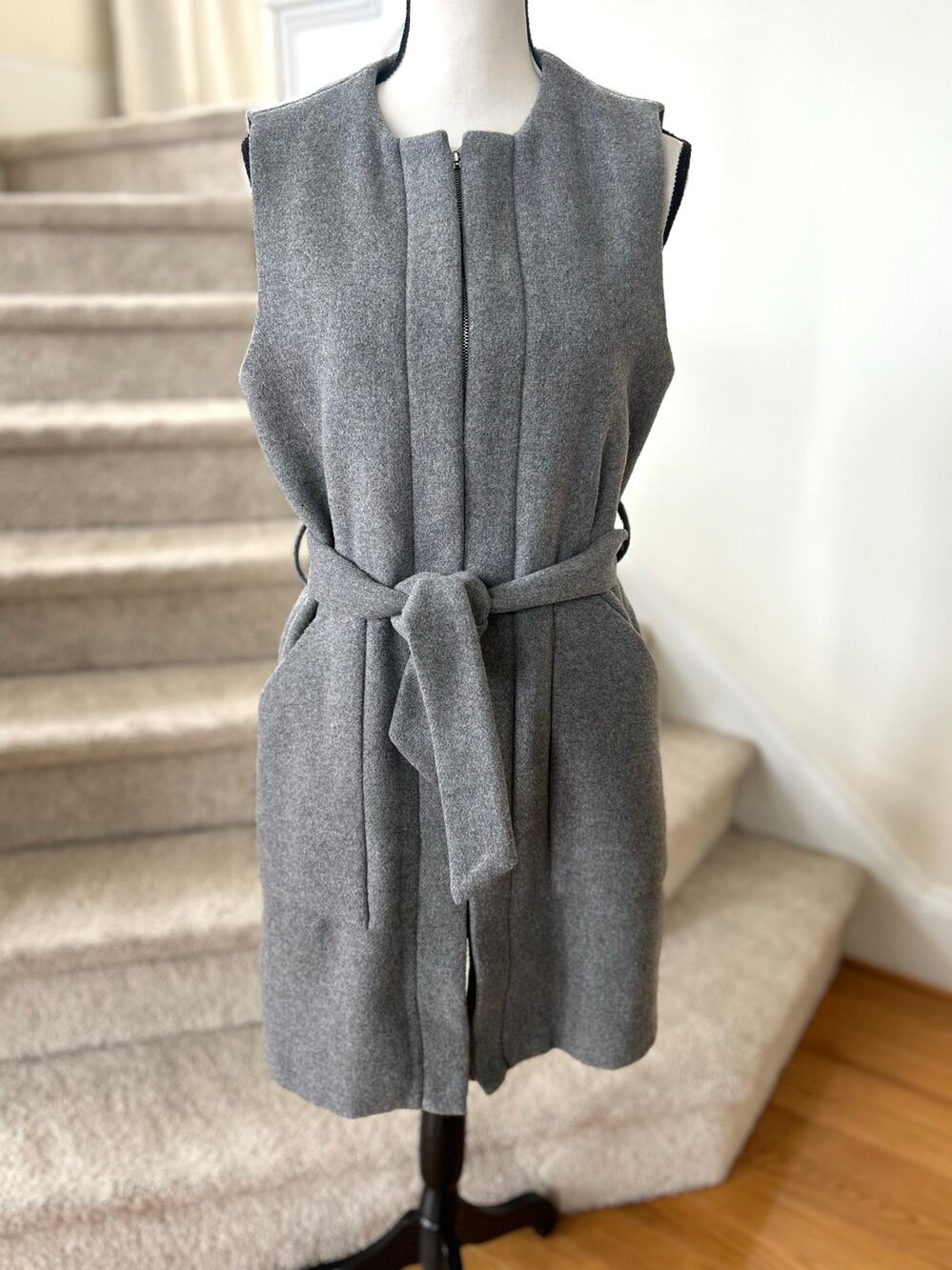 Zara Grey Zip Front Belt Tie Waist Sleeveless Sweater Shirt Mini Dress